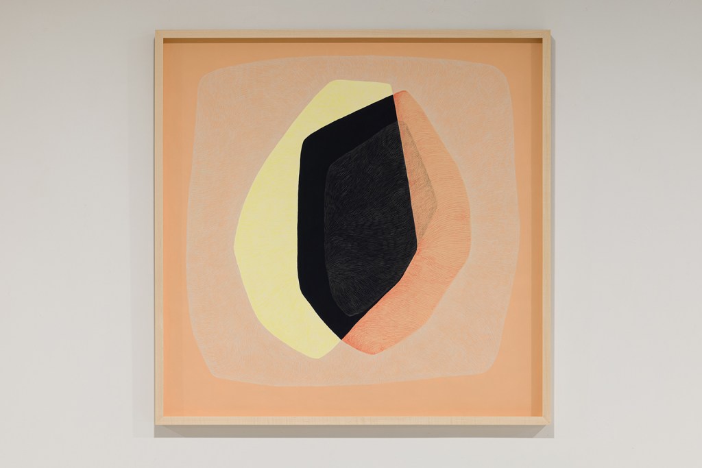 Paysage #4, gouache et crayons de couleur sur papier Canson, 32 X 32 pouces, 2025